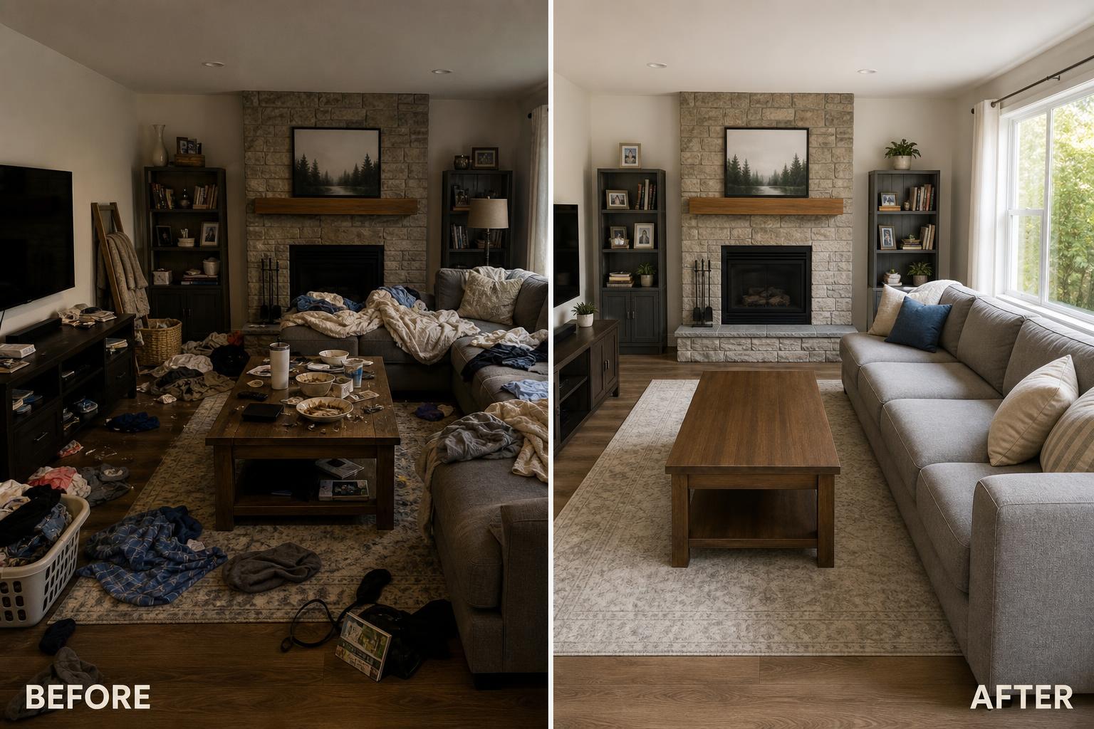 Before and after: the same living room shown cluttered and messy on the left, then spotless and tidy on the right, photographed from the identical camera angle